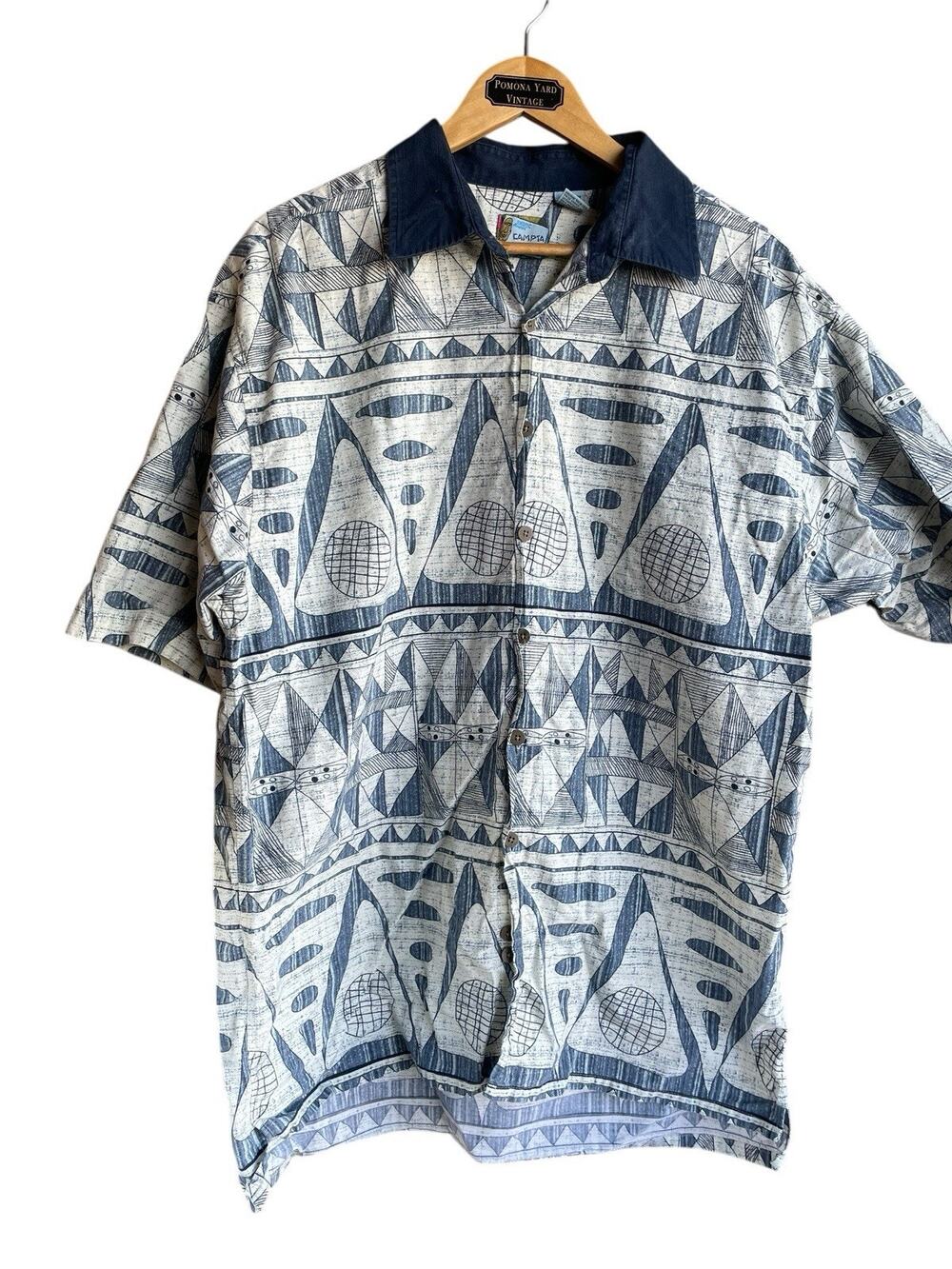 Campia Tiki Hawaiian Shirt XL Blue Tribal Island Hut Camp 100% Cotton